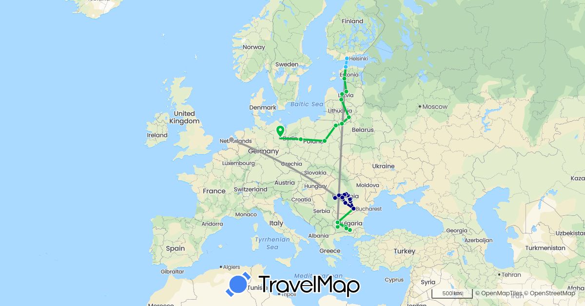 TravelMap itinerary: driving, bus, plane, boat in Bulgaria, Germany, Estonia, Finland, Lithuania, Latvia, Netherlands, Poland, Romania (Europe)